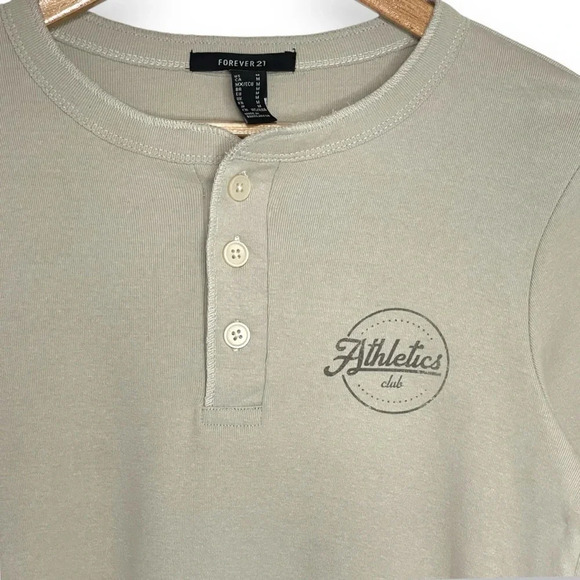 Forever 21 Henley Long Sleeve Shirt "Athletic" Logo Women's M Taupe Buttons - Picture 2 of 11